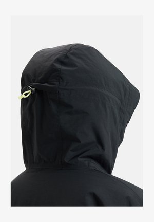 Black hooded jacket with a textured finish, featuring an adjustable drawstring and a rounded hood. Minimal design, no visible patterns or hardware.