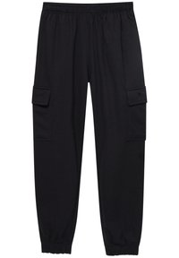Pantalon cargo noir avec une ceinture élastique, deux poches latérales et des ourlets resserrés. Confectionné en tissu doux et extensible avec une texture lisse.