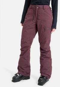 Bordeauxrode sneeuwbroek van duurzaam materiaal, met een comfortabele pasvorm, verstelbare taille, zijzakken en ritssluitingen voor ventilatie.