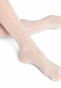 Durchsichtige, gemusterte Strumpfhosen in einem hellbeigen Farbton, mit einem wellenförmigen Texturdesign und subtiler glänzender Optik, die über die Beine ziehen und an den Zehen enden.