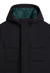Black jacket with a hood, featuring a green interior. Two front flap pockets and a zipper closure, made from textured fabric.