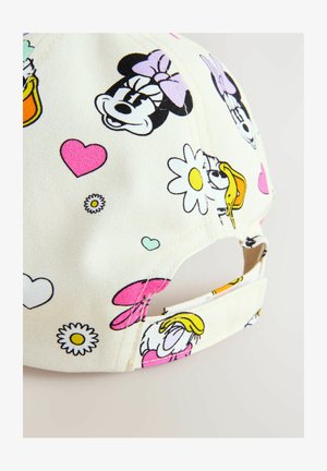 Bawełniana czapka z jasnobeżowym tłem, ozdobiona kolorowymi postaciami z kreskówek i motywami, w tym sercami, kwiatami oraz radosnymi wzorami.