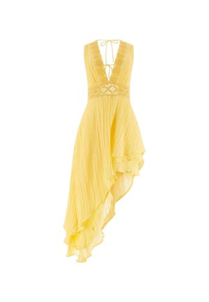 Robe jaune plissée avec un décolleté en V profond, des détails en dentelle à la taille et un ourlet asymétrique. Liens réglables au dos.