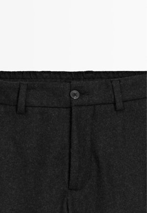 Black wool trousers featuring a button closure, flat front, and belt loops, with a textured fabric and tailored fit at the waist.