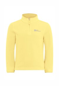 Gele fleece pullover met een staande kraag, halve rits aan de voorkant en een klein logo op de borst. Zachte textuur en lange mouwen.
