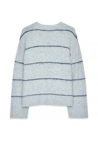 Hellgrauer Strickpullover mit horizontalen marineblauen Streifen, lässiger Schnitt, gerippter Saum und Bündchen, weicher Stoff. Rückansicht gezeigt.