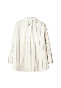 Visiškai kreminė marškinė su vertikaliomis mėlynomis juostelėmis, su smailiu apykaklė, ilgomis rankovėmis ir vieno mygtuko rankogaliais. Pagaminta iš medvilnės.