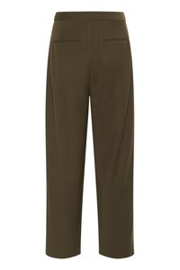 Dark olive green trousers with a straight-leg cut, smooth texture, mid-rise waist, and two back pockets.