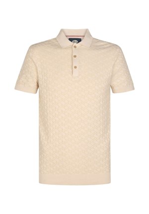 Polo met korte mouwen in crèmekleur met een gestructureerd geometrisch patroon, voorzien van een kraag en een knoopsluiting met drie knopen.