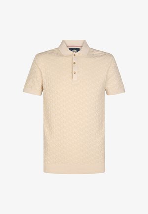 Polo met korte mouwen in crèmekleur met een gestructureerd geometrisch patroon, voorzien van een kraag en een knoopsluiting met drie knopen.