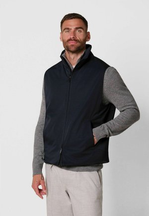 Man met kort haar en baard draagt een zwart vest met ritssluiting over een grijze trui met lange mouwen en lichte broek, één hand in het vestzakje, neutrale achtergrond.