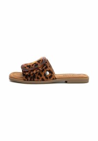 Sandali slide con stampa leopardata, suola piatta in gomma, materiale scamosciato morbido e un accento marrone lucido sulla fascia.