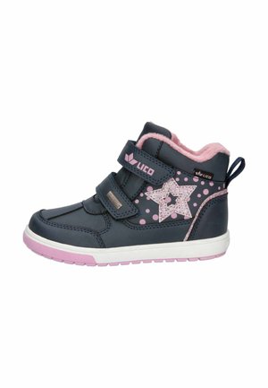 Marineblaue und pinke High-Top-Schuhe mit Klettverschlüssen, Textilfutter, glitzerndem Stern-Detail, Tupfenmuster und weiß-pinker Sohle. Weiches Innenmaterial.