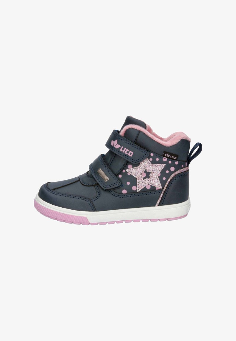 Navy and pink high-top shoes with velcro straps, textile lining, glitter star detail, polka dots, and white-pink sole. Soft inner material.