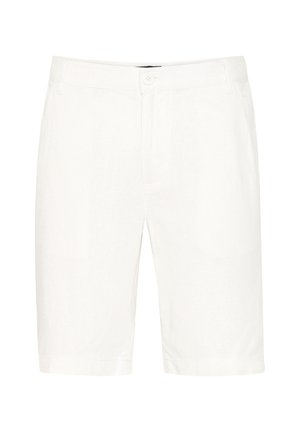 Shorts en coton blancs au design classique, dotés d'une fermeture à bouton, de passants de ceinture et de jambes droites jusqu'à mi-thigh.