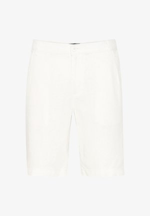 Weiße Baumwollshorts mit klassischem Design, mit Knopfverschluss, Gürtelschlaufen und geraden Beinen bis zur Mitte des Oberschenkels.