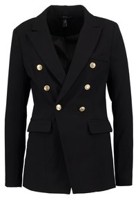 Czarna dwurzędowa marynarka z złotymi guzikami, dwoma przednimi kieszeniami, klapami typu peak oraz dopasowanym krojem. Gładka tkanina o klasycznej sylwetce.