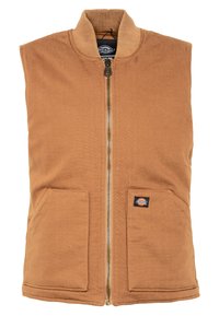 Brązowa bezrękawnik z zamkiem z przodu, dwoma przednimi kieszeniami i żeberkowym kołnierzem. Wykonany z trwałej tkaniny z naszywką logo na dolnej kieszeni.