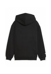 Sweat à capuche noir en tissu doux, doté d'une poche kangourou, de poignets côtelés et d'un logo sur la manche gauche.