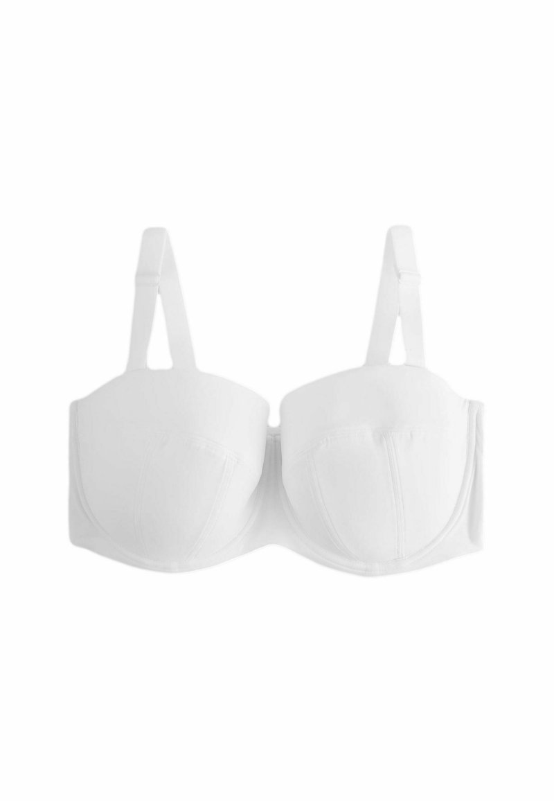 Sospensorio bianco con ferretto, coppe sagomate, bretelle regolabili e una texture liscia. Presenta supporto laterale e cuciture minime per una struttura ottimale.