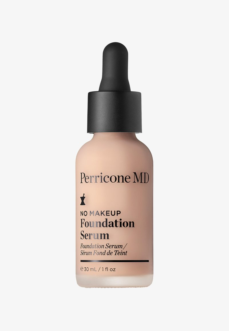 Perricone MD No Makeup Foundation Serum in mattiertem Glasfläschchen mit schwarzem Tropfer, 30 ml, beiger flüssiger Foundation sichtbar im Inneren.