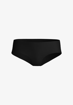Culotte de bikini noire taille haute fabriquée à partir d'un tissu lisse, avec un design sans couture et un ajustement confortable. Pas de logos ou de motifs visibles.