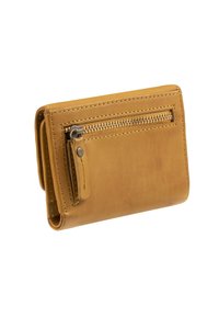 Tan leather wallet with a zippered pocket and visible stitching. Compact design, featuring a small slip pocket on the side for cards.