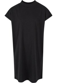 Schwarzes Kurzarmkleid mit steigendem Kragen. Hergestellt aus weichem Stoff. Lockere Passform, gerade Silhouette und der Saum ist leicht abgerundet.