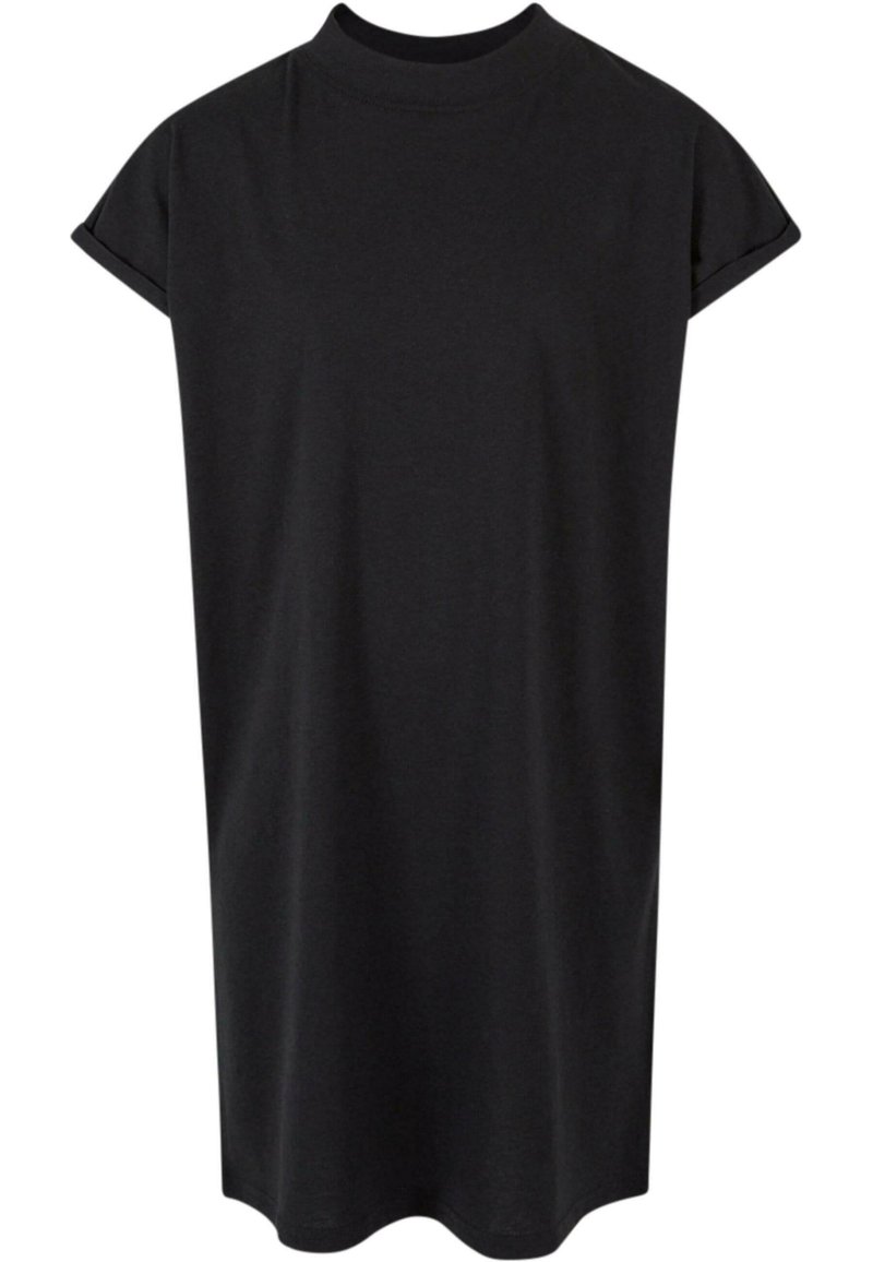 Schwarzes Kurzarmkleid mit steigendem Kragen. Hergestellt aus weichem Stoff. Lockere Passform, gerade Silhouette und der Saum ist leicht abgerundet.