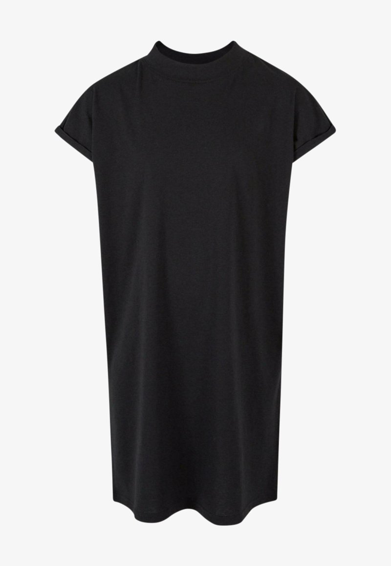 Schwarzes Kurzarmkleid mit steigendem Kragen. Hergestellt aus weichem Stoff. Lockere Passform, gerade Silhouette und der Saum ist leicht abgerundet.