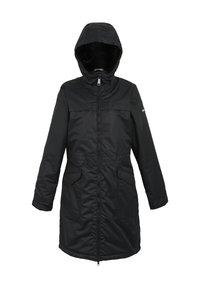 Abrigo negro largo acolchado de invierno con capucha, cremallera frontal, dos bolsillos con solapa y puños ajustables.