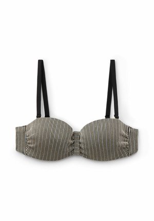 Soutien-gorge rembourré à rayures noires et blanches avec bretelles noires ajustables, présentant un détail plissé au centre et une texture lisse.