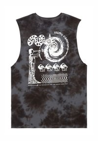 Muscle tank top in black tie-dye. Graphic print features a figure playing a trumpet, spirals, and text "Cosmic Vibrations" in white.