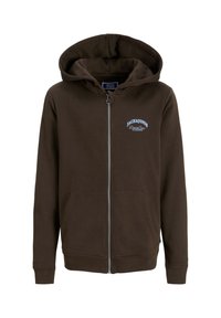 Brauner Reißverschluss-Hoodie aus weichem Stoff, mit Kapuze, Fronttaschen und blauer Logobeschriftung auf der Brust. Gerippte Bündchen an den Ärmeln.