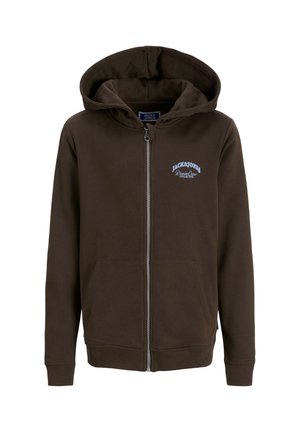 Brauner Reißverschluss-Hoodie aus weichem Stoff, mit Kapuze, Fronttaschen und blauer Logobeschriftung auf der Brust. Gerippte Bündchen an den Ärmeln.