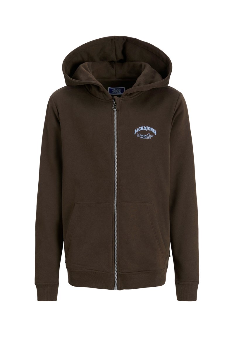 Brauner Reißverschluss-Hoodie aus weichem Stoff, mit Kapuze, Fronttaschen und blauer Logobeschriftung auf der Brust. Gerippte Bündchen an den Ärmeln.