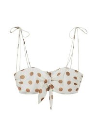 Haut de bikini court blanc avec des pois marron, nœud sur le devant et fines bretelles nouées en nœuds.