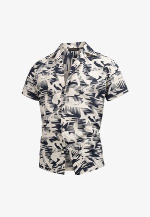 Camicia a maniche corte con bottoni, di colore crema e navy, caratterizzata da un motivo geometrico astratto e un colletto classico. Finitura in tessuto testurizzato.