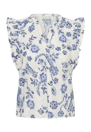 Weiße ärmellose Bluse mit blauem Blumenmuster, gerafften Schultern und V-Ausschnitt.