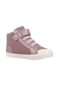 Sneaker alte per bambini in rosa polveroso con lacci elastici, una fascia in velcro e suola in gomma bianca con motivi a stella.