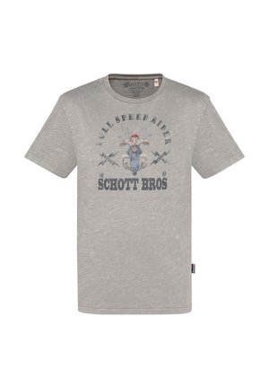 T-shirt gris à manches courtes avec une illustration vintage d'un motard et le texte "Full Speed Rider" et "Schott Bros 1913" à l'avant.