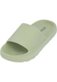 Light green slide sandal with a textured, honeycomb-patterned upper. Open-toe design and a thick, cushioned sole for comfort.