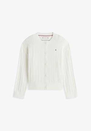 Biały sweter na drutach z długimi rękawami, zapinany na guziki, z delikatnym wzorem warkocza i małym logo flagi Tommy Hilfiger na piersi.