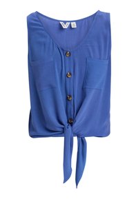 Haut bleu sans manches avec un col en V, une fermeture à boutons sur le devant, deux poches poitrine et un détail de ourlet noué. Confectionné dans un tissu lisse et léger.