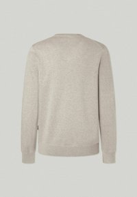 Hellgrauer Pullover aus weichem Stoff, mit langen Ärmeln, Rundhalsausschnitt und geripptem Saum. Schlichtes, unauffälliges Design ohne Muster.