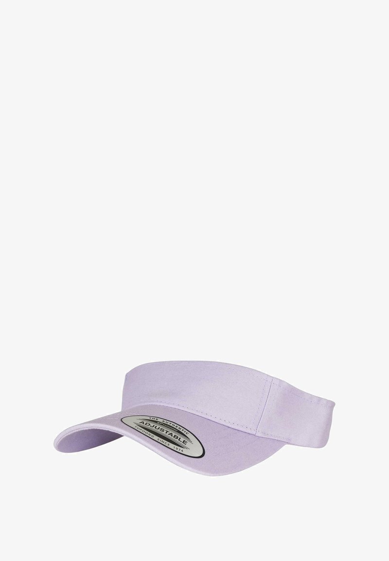 Adjustable lavender visor cap with a curved bill, made of fabric, featuring a circular label with text detailing brand and authenticity.