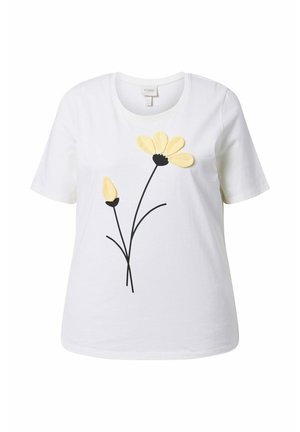 Biały T-shirt z krótkim rękawem z czarnym kwiatem z łodygą i żółtymi, teksturowanymi płatkami na przodzie.
