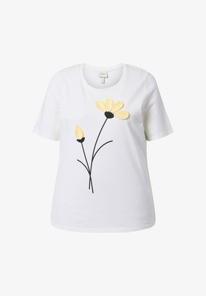 T-shirt bianca a maniche corte con un disegno frontale di un fiore nero con stelo, con petali gialli dalla texture lavorata.