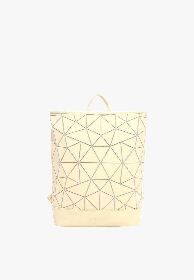 Beige geometric patterned backpack with triangular shapes, top handle, and subtle "SURI FREY" branding on the bottom front panel.