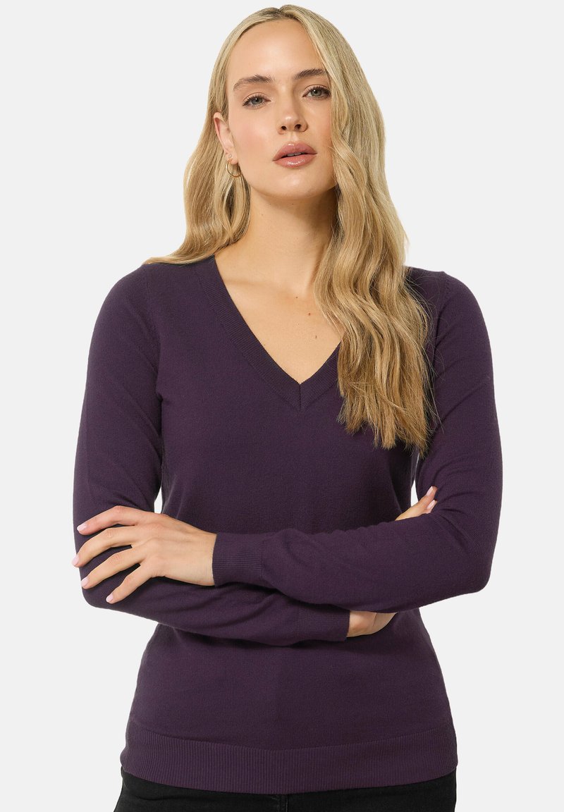 V-pakara pullover villapaita tumman violetissa, valmistettu pehmeästä neulekankaasta, jossa on pitkät hihat ja istuva siluetti ribbauskätöksillä.